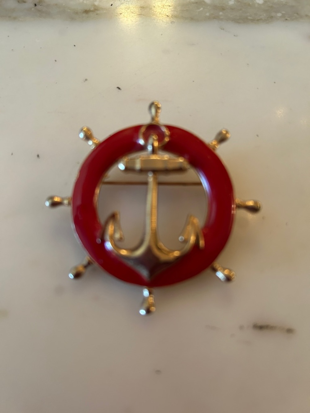 Nautical Anchor Wheel Brooch - Red and Gold, 2” D.
